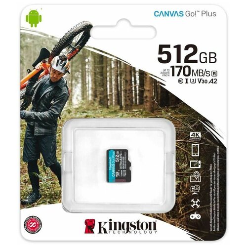 Карта памяти microSDXC UHS-I U3 Kingston Canvas Go! Plus 512 ГБ, 170 МБ/с, Class 10, SDCG3/512GBSP, 1 шт, переходник без адаптера