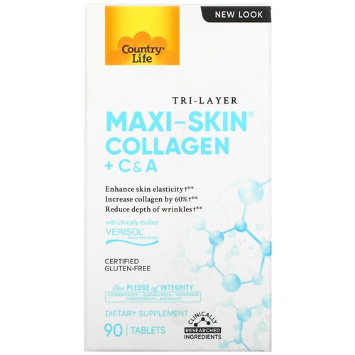 Country Life, Tri Layer Maxi-Skin Collagen, коллаген с витаминами C и A, 90 таблеток