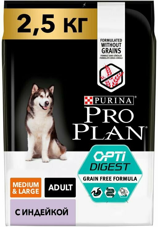 Корм для собак ProPlan Grain Free "Adult Medium Sensitive " сухой 2,5 кг для собак средних пород 10-25 кг с чувствительной пищев. Индейка (1X4) 12384816