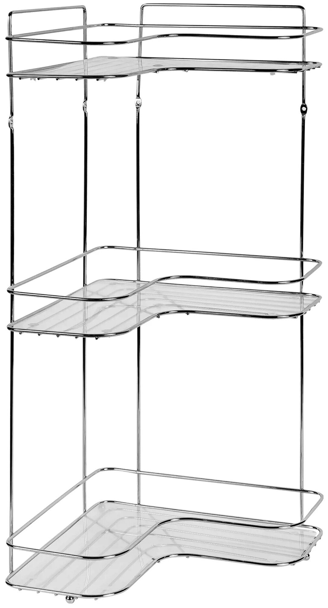 Полка для ванной комнаты угловая трёхъярусная с пластмассовыми вклдышами хром