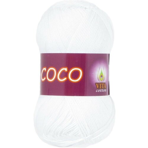 Пряжа хлопковая Vita Cotton Coco (Вита Коко) - 2 мотка, 3851 белый, 100% мерсеризованный хлопок 240м/50г