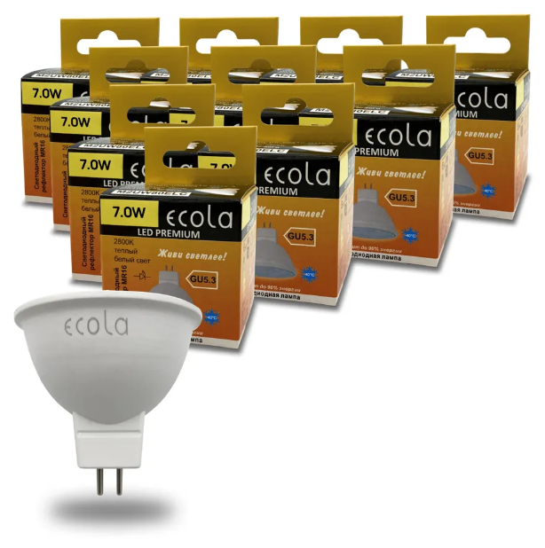 Светодиодная LED лампа Ecola MR16 GU5.3 220V 7W 2800K 2K 48x50 пласт./алюм. матов. Premium M2UW70ELC (упаковка 10 штук)