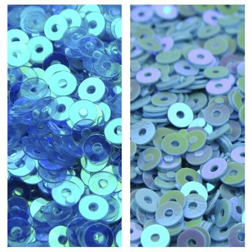 Комплект из 4 товаров: пайетки непрозрачные голубой 3 мм - 10 гр, 4 мм - 10 гр, прозрачные голубой 3 мм - 10 гр, 4 мм - 10 гр. Всего 40 гр.