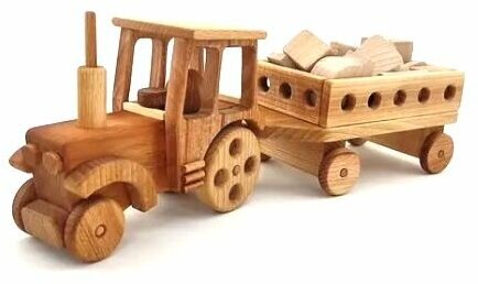 Трактор с прицепом большой - деревянная авторская игрушечная машина