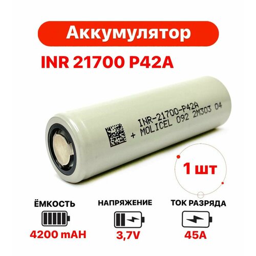 Аккумулятор 21700 P42 A Li-ion Molicel 4200 mAh 45A морозостойкий большая емкость большая мощность