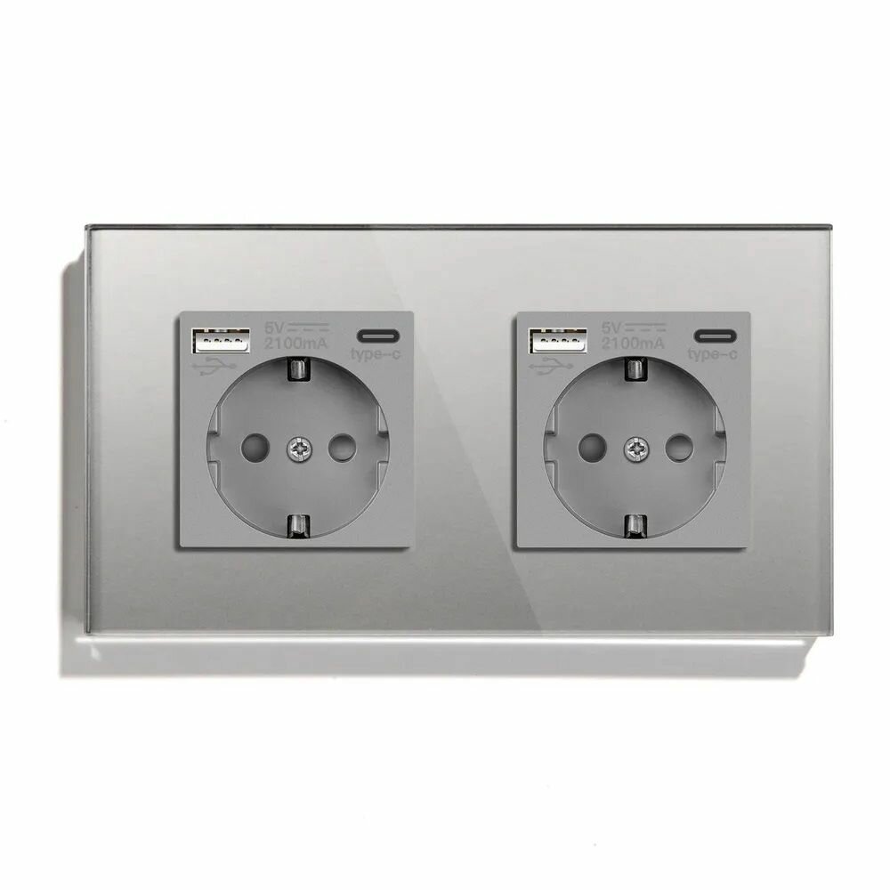 Розетка электрическая 2 поста, с Usb/Type-C АC, рамка 157х86мм стекло, цвет серый