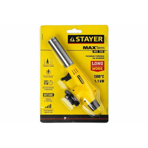 Газовая горелка STAYER MaxTerm MG100 1300C с пьезоподжигом на баллон с цанговым соединением 55584 770₽