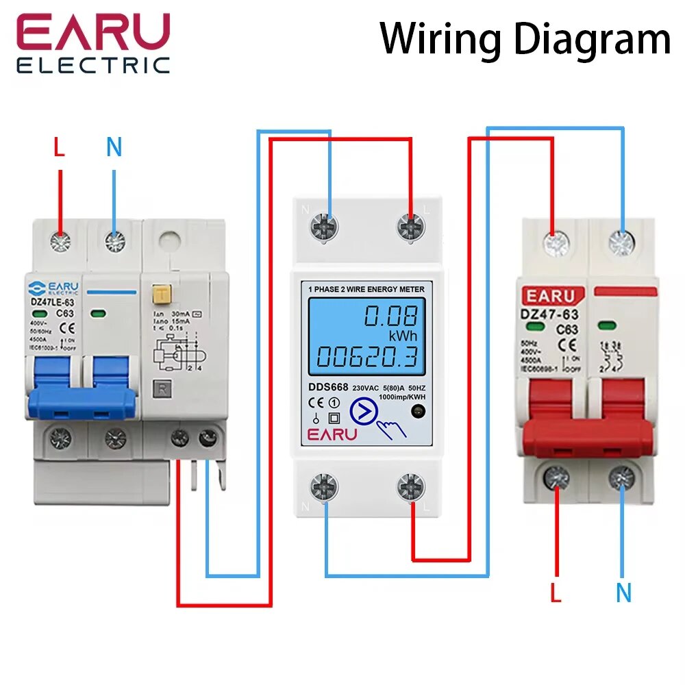 Изображение EARUELECTRIC Цифровой однофазный счетчик энергии 220В, 220V 50Hz