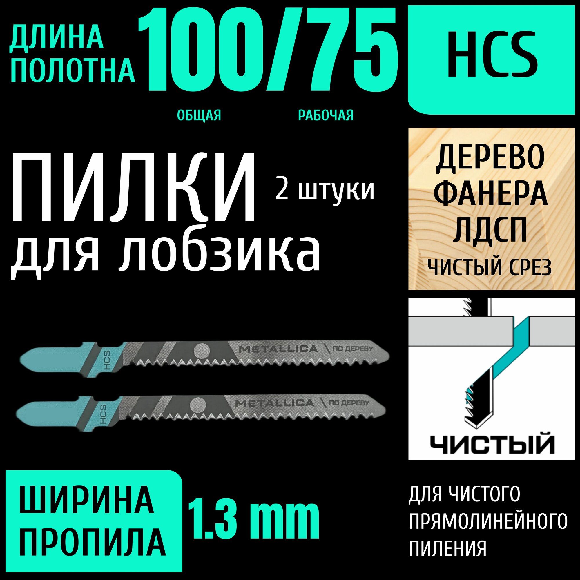 Пилки для лобзика 100/75мм ПО дереву прямолинейный чистый рез 2шт