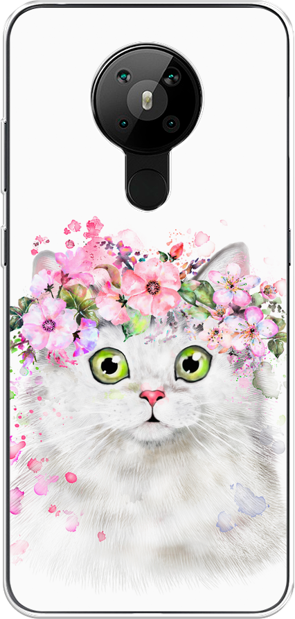 Силиконовый чехол на Nokia 5.3 / Нокиа 5.3 "Белая кошка с цветами"