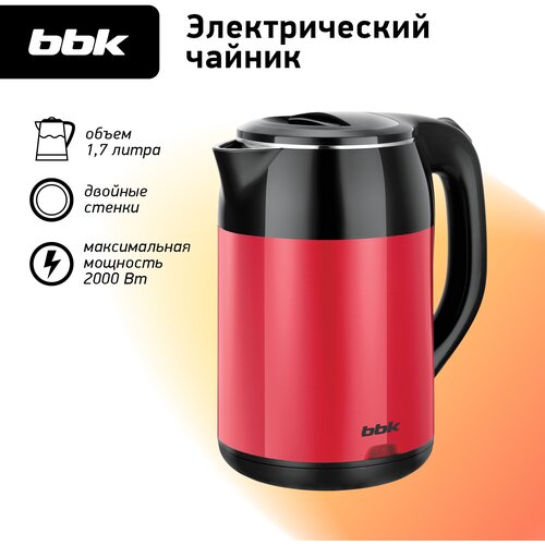 Чайник металлический 1,7л BBK, арт. EK1709P, черный/красный, 2000Вт