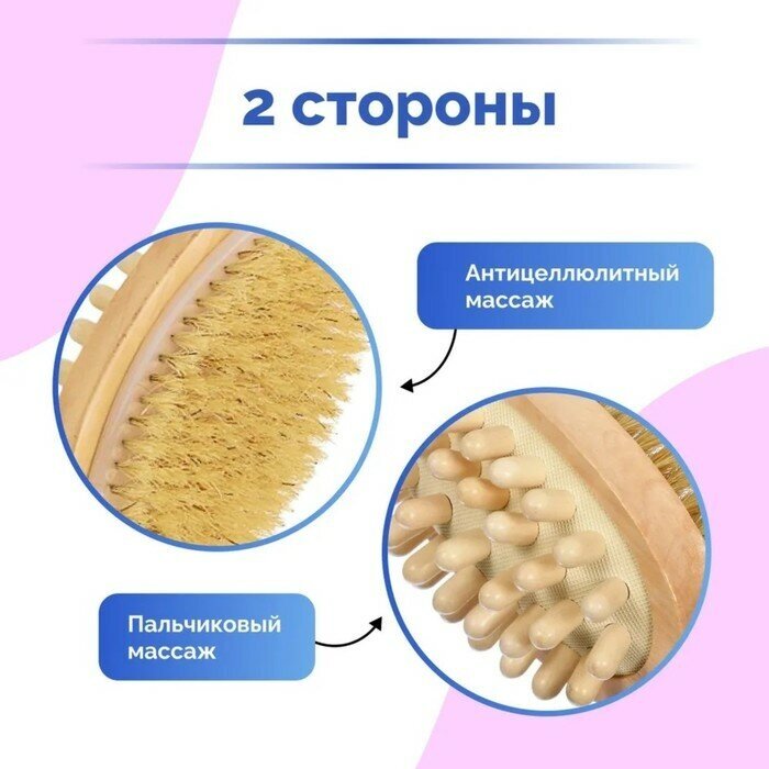 Щетка для тела Доляна, массажная, антицеллюлитная, с ручкой, с массажером, натуральная щетина