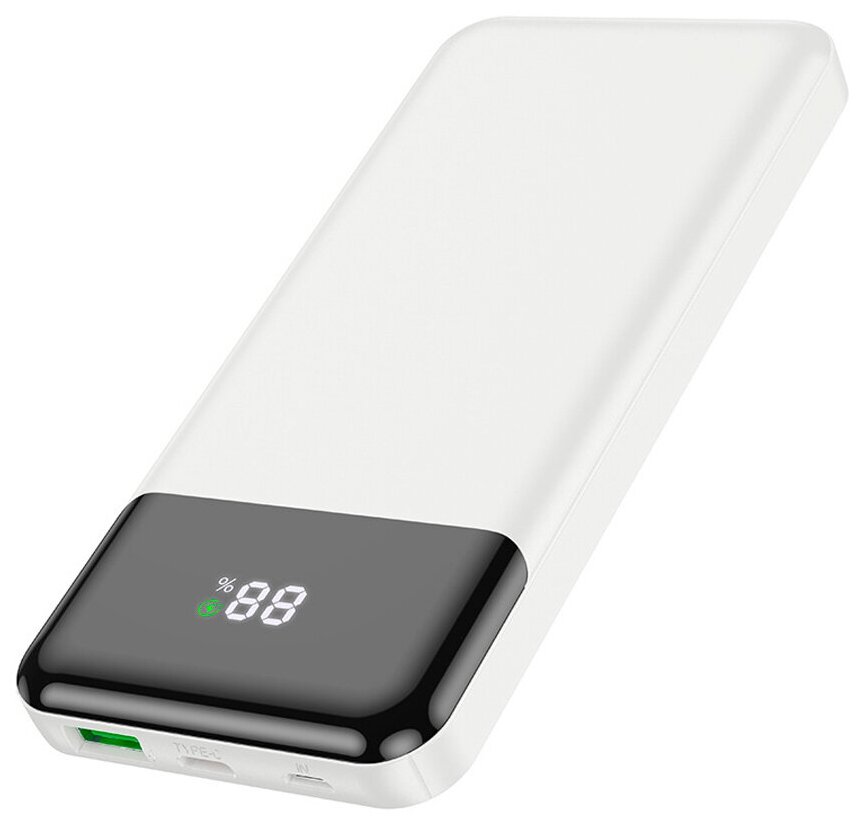 Powerbank (повербанк) 10000 mAh, с LED-дисплеем, HOCO J102, внешний аккумулятор для телефона, с разъемами USB, microUSB, USB Type-C, белый — фото 1