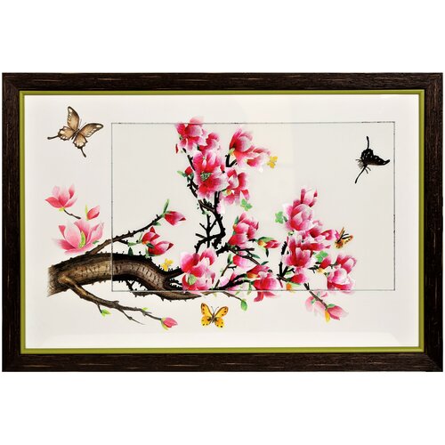 Картина вышитая шелком С подрисовкой Магнолия с бабочками ручной работы /см 78х52х3/багет+паспарту