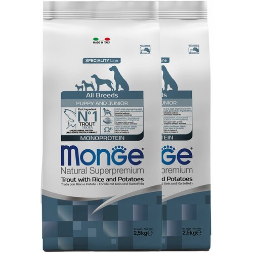 Сухой корм Monge Dog Speciality Line Monoprotein для щенков всех пород, из форели с рисом и картофелем 2,5 кг х 2шт.