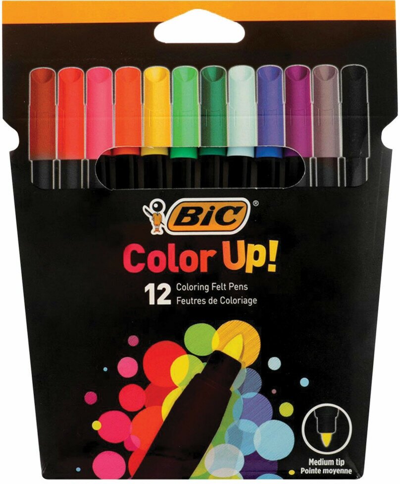 Фломастеры 12 цветов BIC "Color UP", суперсмываемые, вентилируемый колпачок, 964900