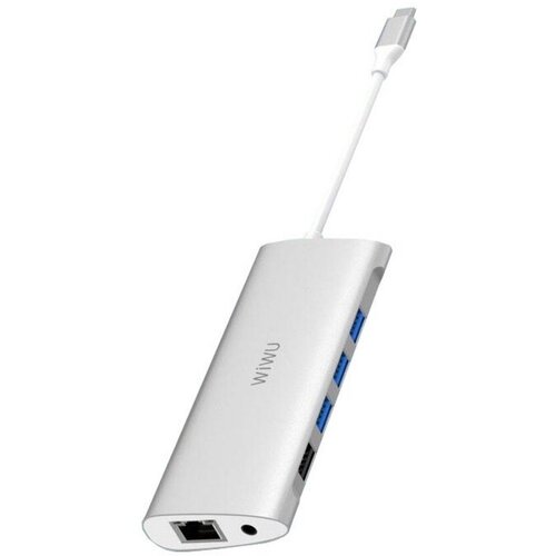 Хаб WiWU Alpha 11 in 1 Type-C to 3 x USB 3.0 + USB 2.0 + Type-C + RJ45 + HDMI + VGA + AUX 3,5mm + Cardreader Adapter Silver хаб type c wiwu alpha 531h type c 3 usb 3 0 hdmi grey