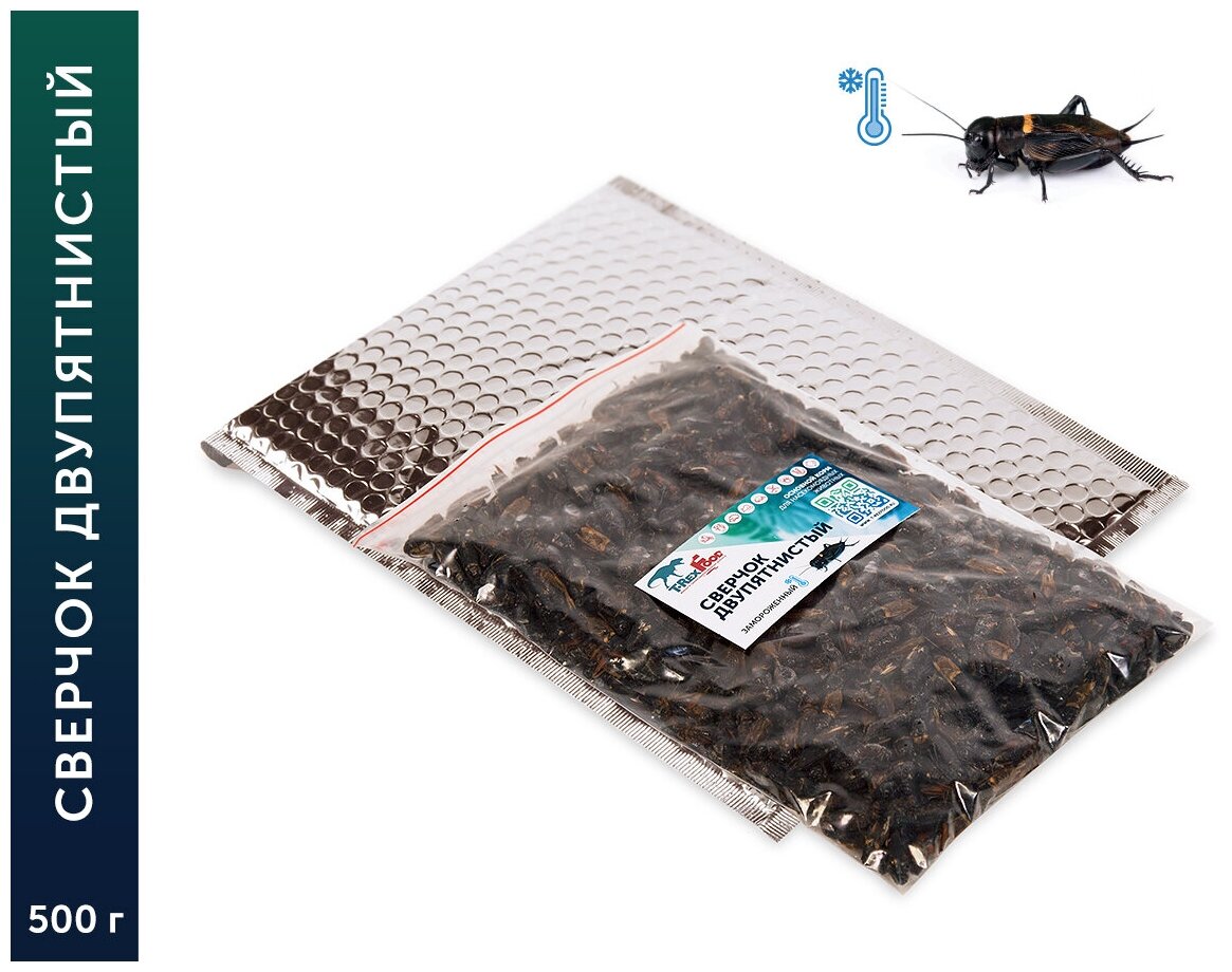 Кормовые насекомые "Замороженный сверчок двупятнистый предимаго, около 1.5-2 см", 500 г, в термопакете