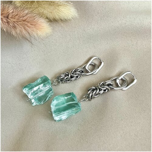 Серьги цепочки Soti длинные серьги трансформеры, конго, с цепочками и необработанным камнем, кварц, кристалл, размер 70 мм, голубой, серебряный