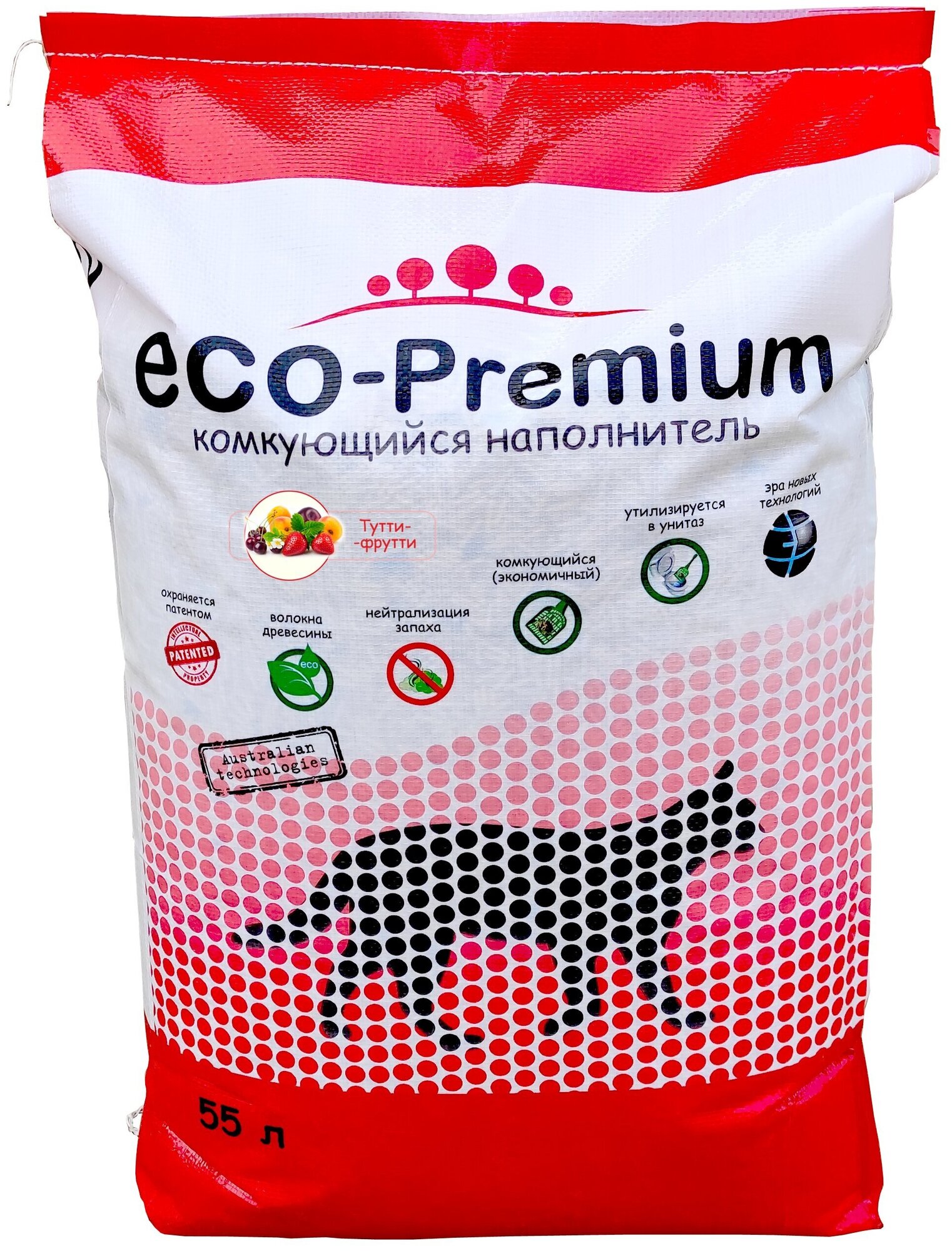 Наполнитель ECO Premium Тутти-фрутти комкующийся древесный 20.2кг/55л