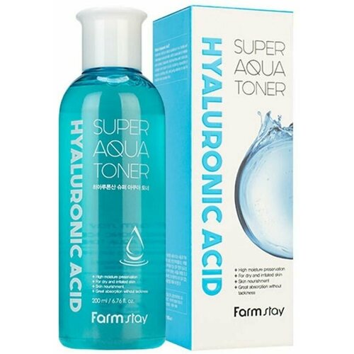 FarmStay Суперувлажняющий тонер с гиалуроновой кислотой Hyaluronic Acid Super Aqua Toner, 200ml тонер для лица farmstay тонер для лица суперувлажняющий с гиалуроновой кислотой hyaluronic acid super aqua toner