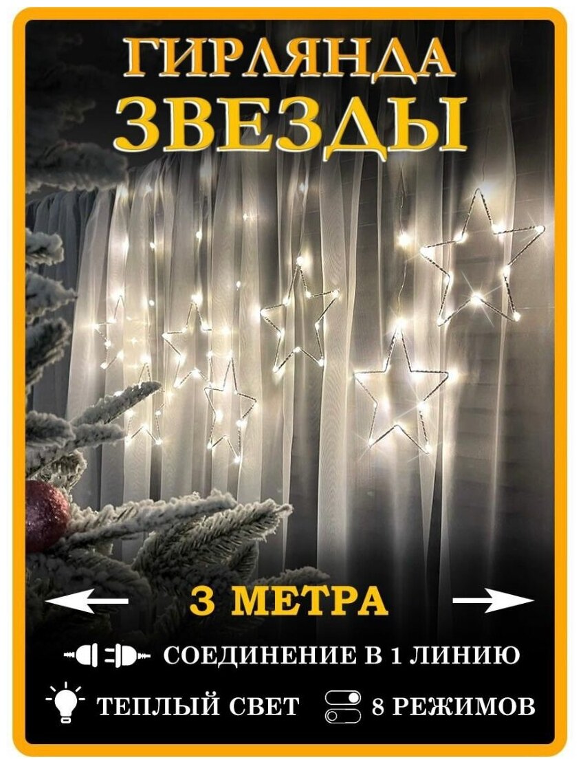Гирлянда EUPHORI_A светодиодная звёздочки занавес 3х1 метра / гирлянда новогодняя/ гирлянда занавеска/ гирлянда звезда/ гирлянда роса