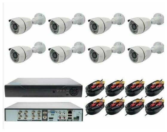 Комплект видео наблюдения на 8 уличных камер ночного видения с жёстким диском на 500Гб Full HD цилиндрические алюминиевые 2Мп AHD/TVI