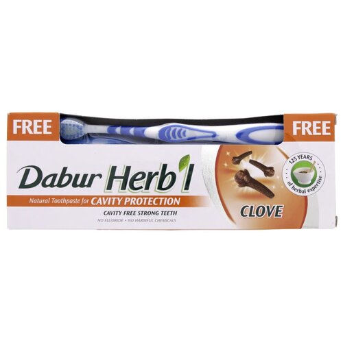 Зубная паста Дабур Хербл Гвоздика (Dabur Herb'l Clove) c зубной щеткой средней жесткости, укрепление и заживление, 150 гр.