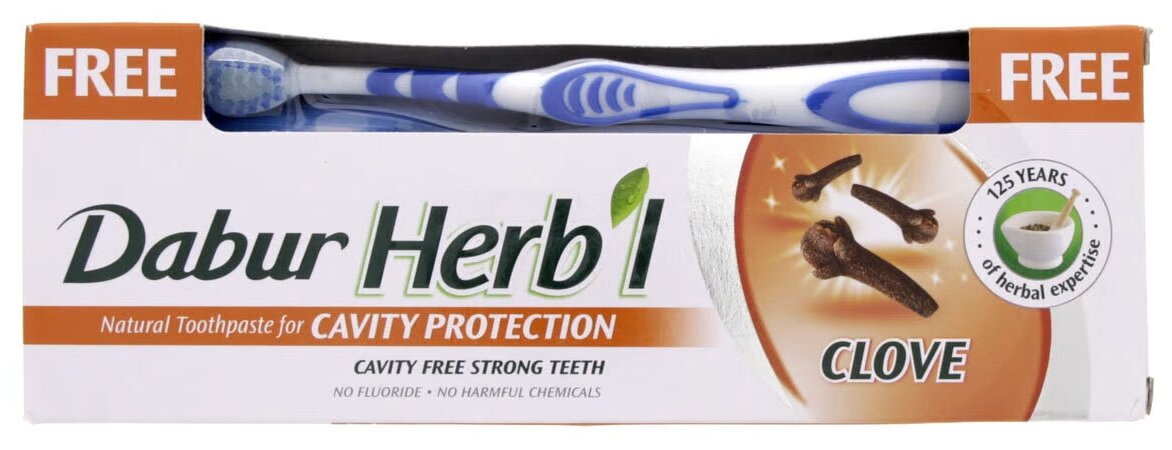Зубная паста Дабур Хербл Гвоздика (Dabur Herb'l Clove) c зубной щеткой средней жесткости, укрепление и заживление, 150 гр.