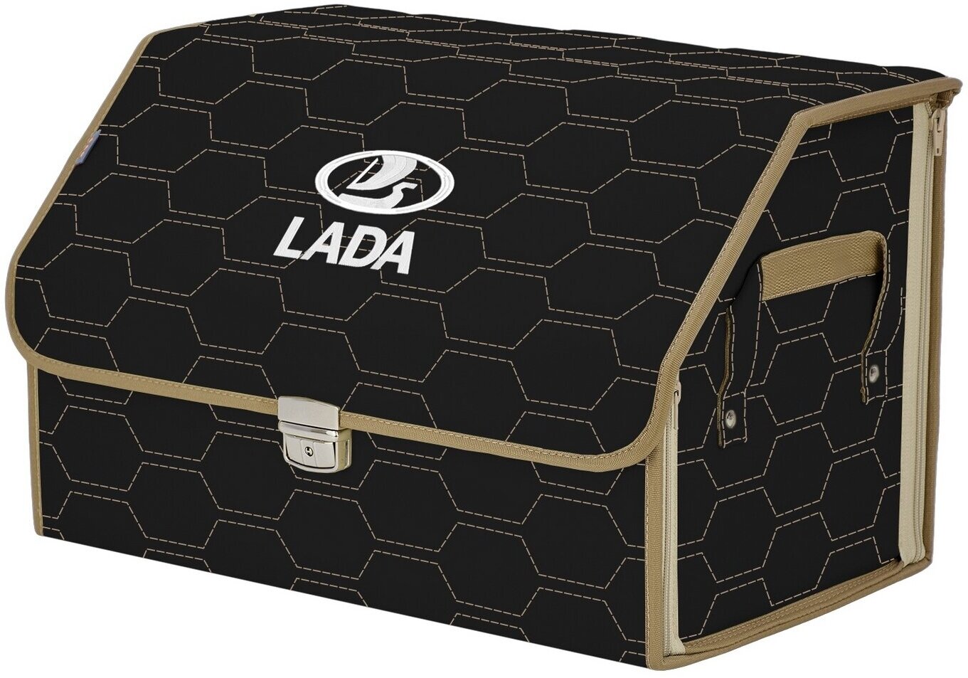Органайзер-саквояж в багажник "Союз Премиум" (размер L). Цвет: черный с бежевой прострочкой Соты и вышивкой LADA (лада).