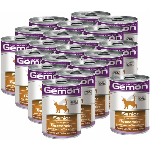Gemon Cat консервы для пожилых кошек кусочки курицы с индейкой 415г х 20шт.