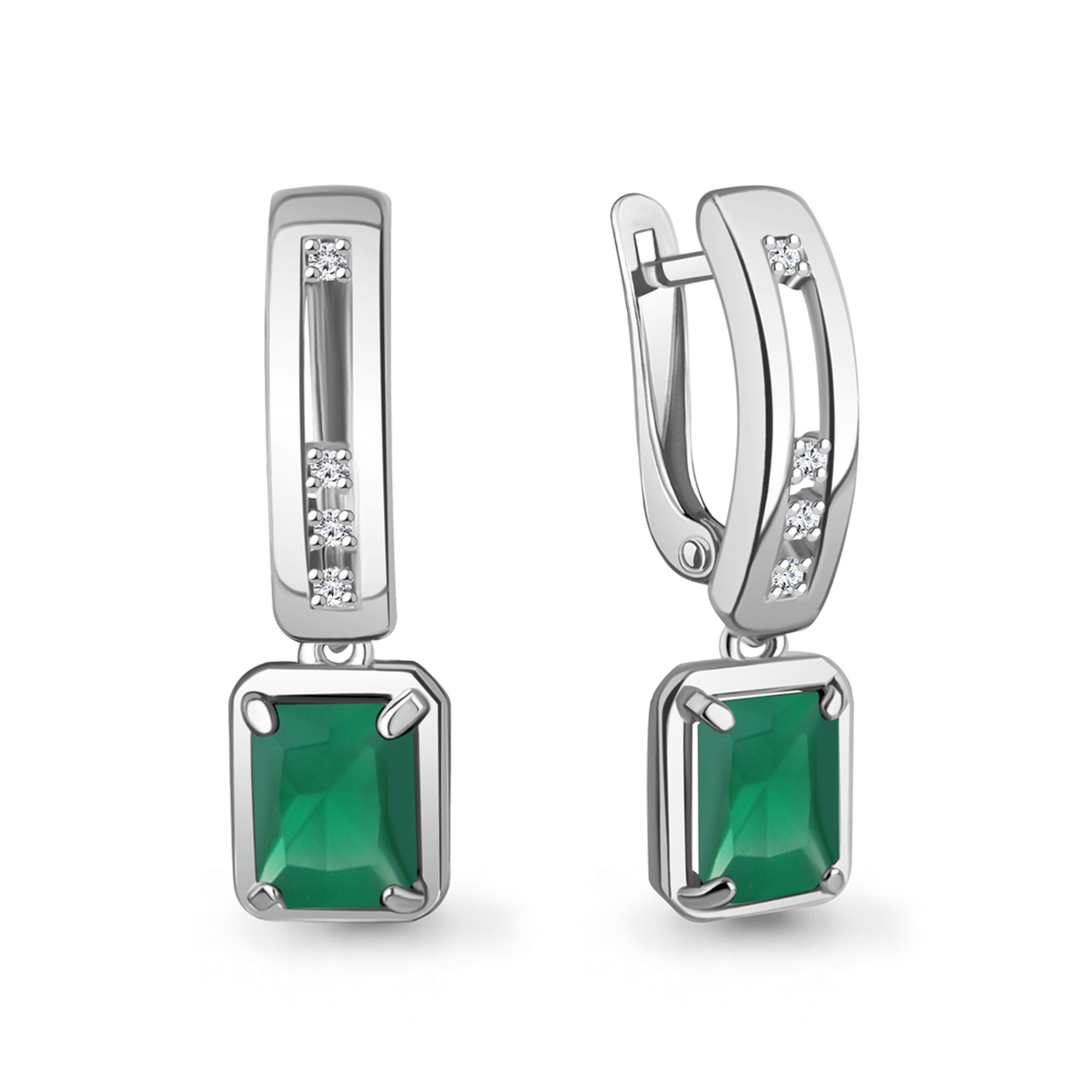 Серьги Diamant online, серебро, 925 проба, родирование, фианит, агат, длина 2.7 см, , зеленый