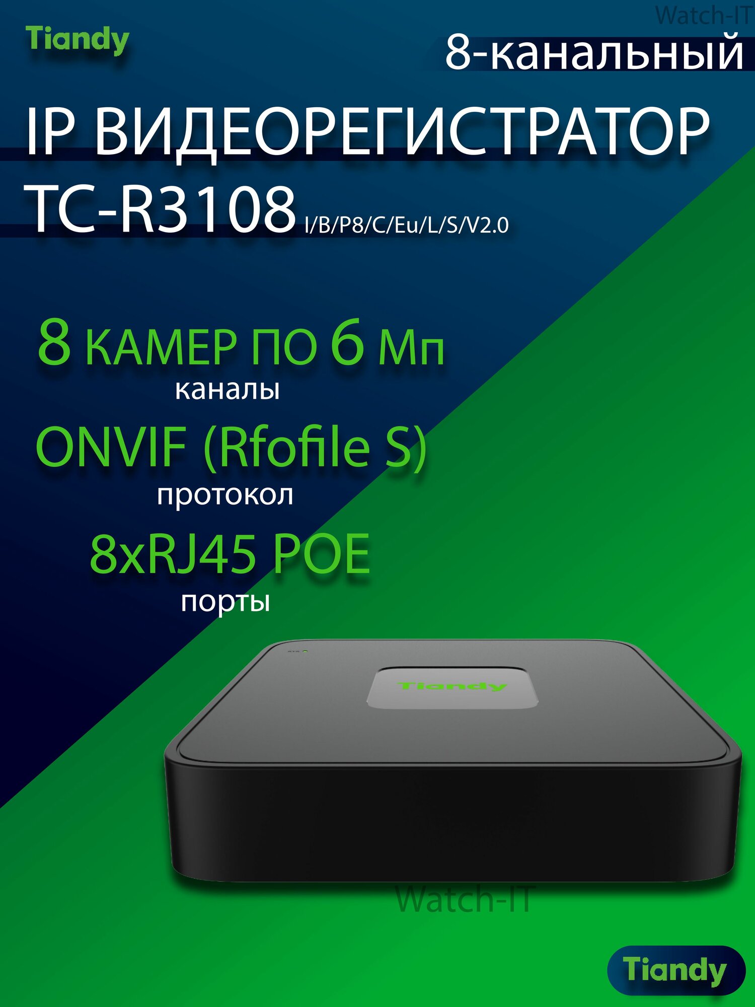 Видеорегистратор 8-канальный PoE Tiandy TC-R3108