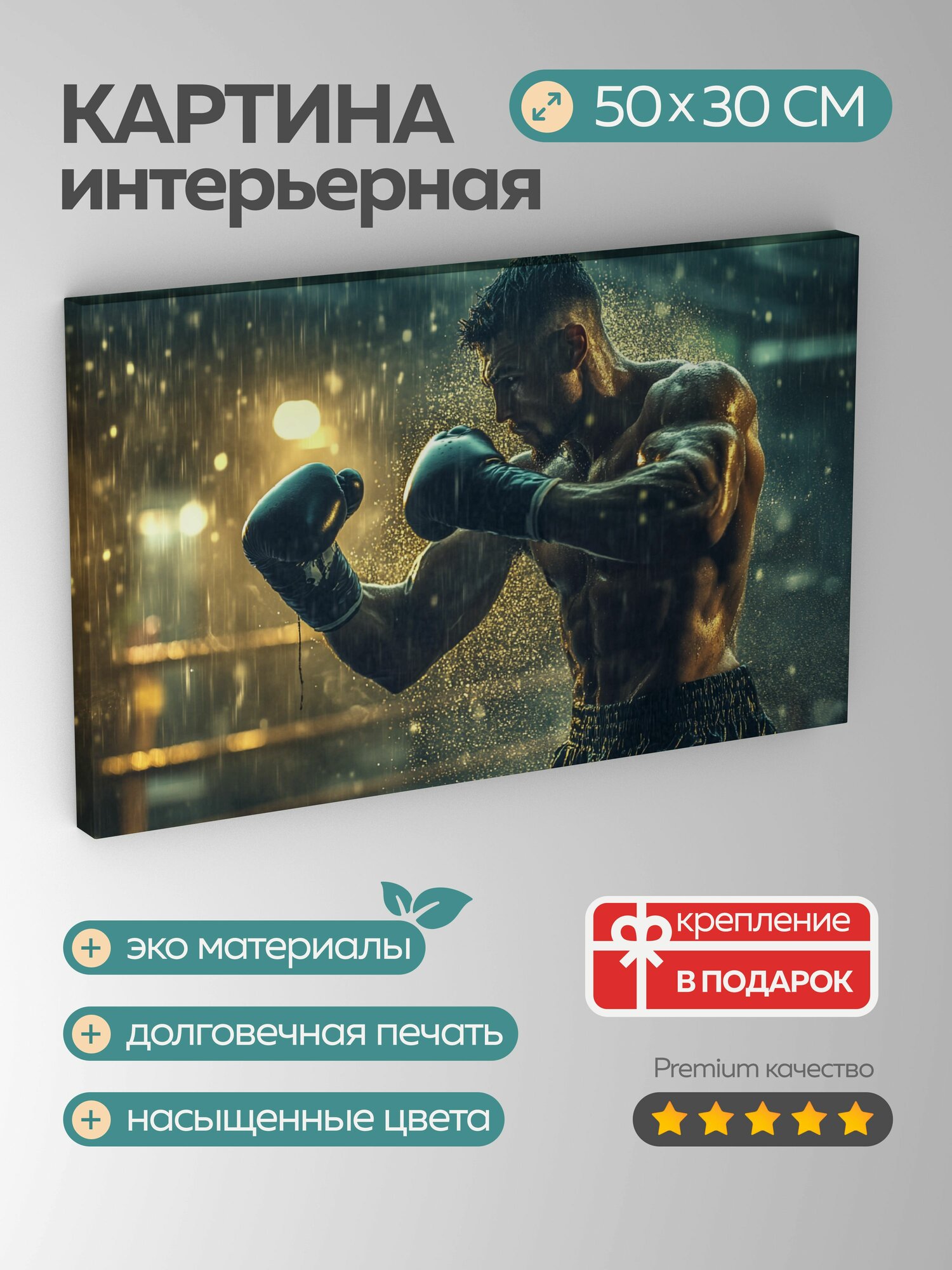 Картина на холсте интерьерная 50х30 см, боксер, тренировка, пот, удар, тренажерный зал, мускулы, городской, сцена