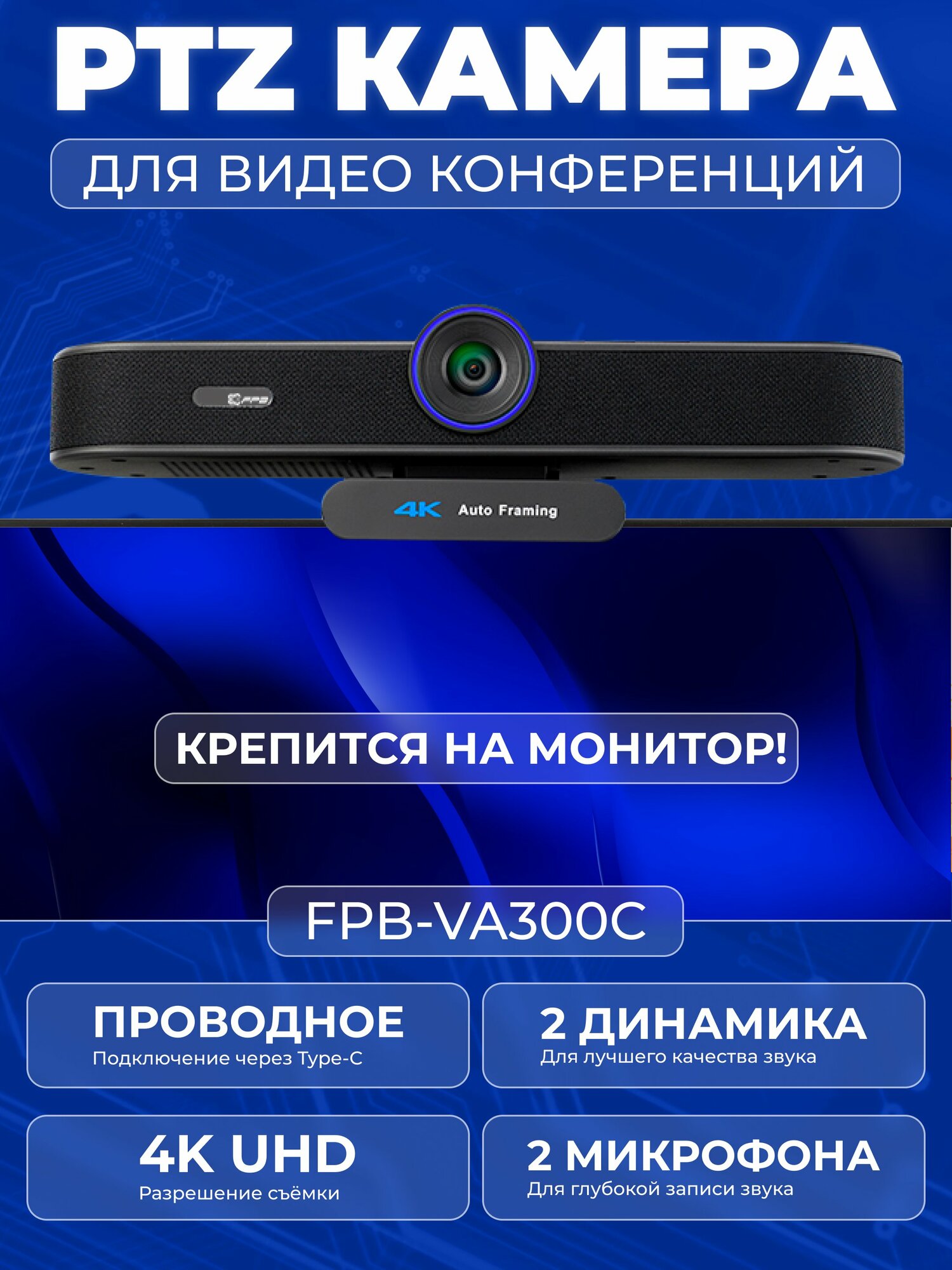 Камера PTZ FPB-VA300C, 4К, EPTZ, 8Мп, цифровая 4-кратная зумирующая, USB-C