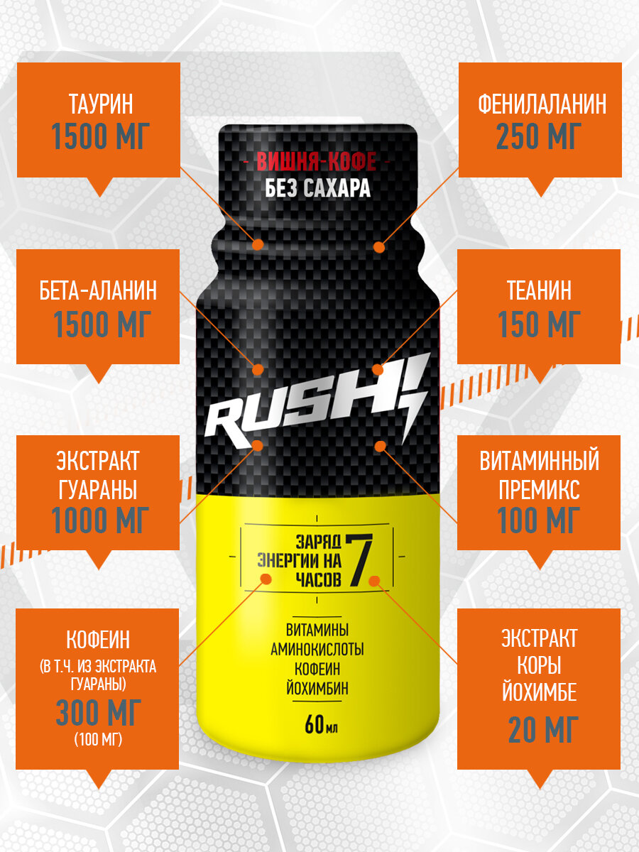 Предтренировочный комплекс и энергетик Hardlabz RUSH! шоты 12 шт. по 60 мл, Вишня-Кофе — фото 1