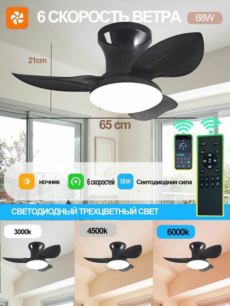 Вентилятор для люстры, 65 см, дистанционное управление, LED, 40 Вт