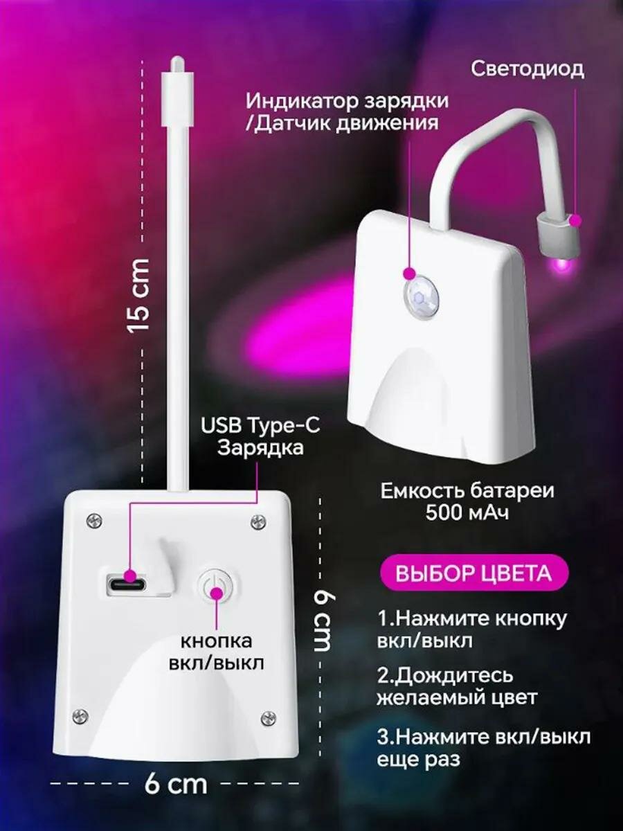 Подсветка для унитаза с датчиком движения и проекцией беспроводная — фото 1