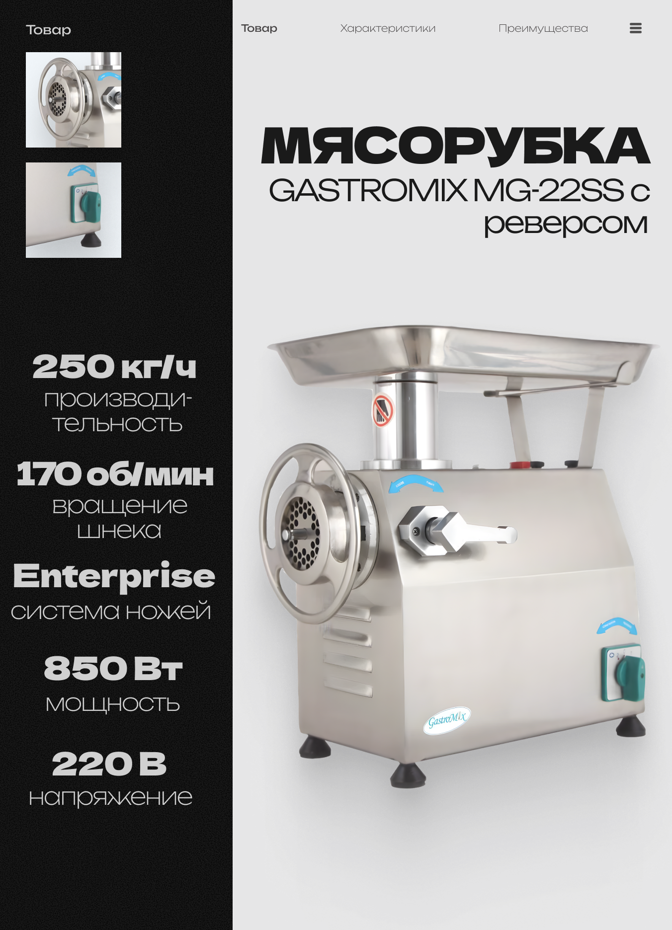 Мясорубка электрическая GASTROMIX MG-22SS, профессиональная, промышленная, 850 Вт, 250 кг/ч, с реверсом