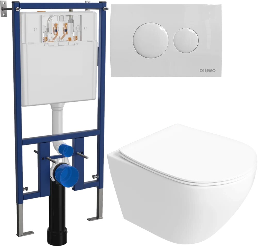 Комплект 6 в 1: Инсталляция DIWO 4501 / Унитаз подвесной Кронборг S28401WH безободковый / Сиденье с микролифтом Кнопка 7310 белая Комплект шумоизоляции креплений
