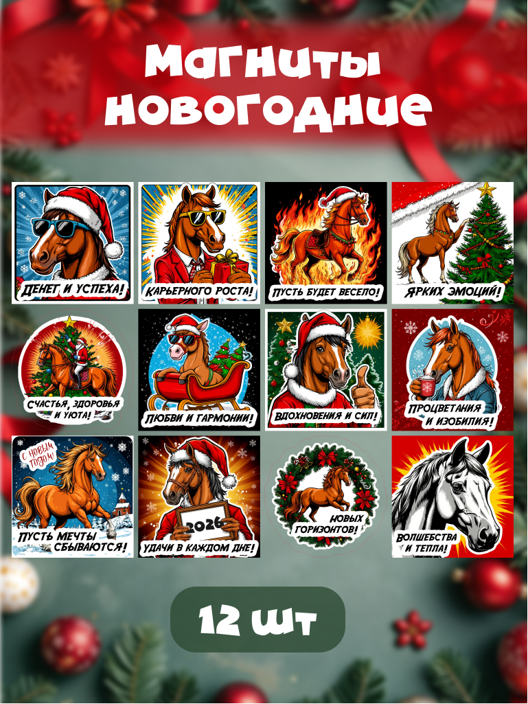Набор новогодних магнитов на холодильник 2026 года с лошадью 12 шт