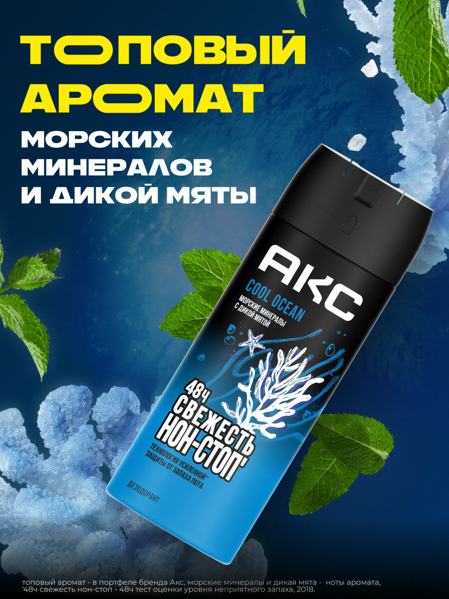 Дезодорант мужской спрей парфюмированный Акс Cool Ocean защита от запаха пота 48 часов 150 мл — фото 1
