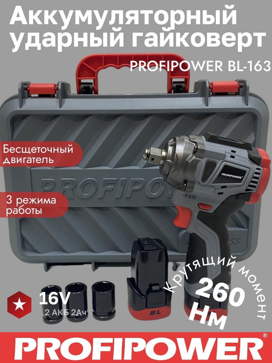 Бесщеточный аккумуляторный ударный гайковерт PROFIPOWER 260 Нм 2х2Ач Кейс + Набор из 3 Головок
