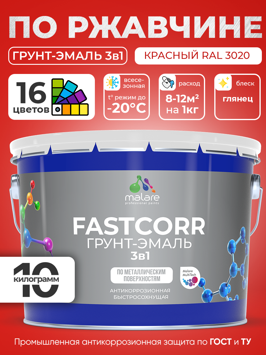 Грунт-эмаль по ржавчине 3 в 1 Malare FastCorr краска для металла, антикоррозионная износостойкая быстросохнущая RAL 3020, красный, глянцевая, 10 кг.