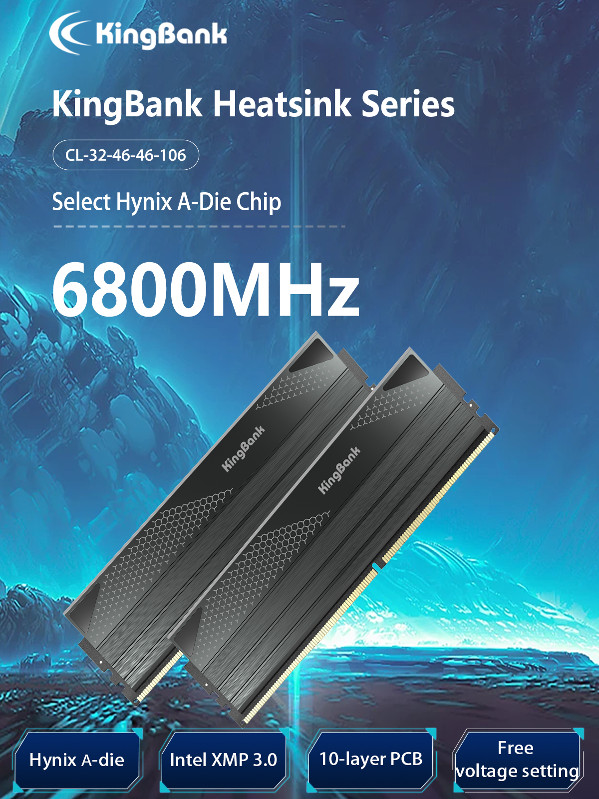KingBank Оперативная память Dark Star Blade DDR5 UDIMM 6800MHz Dark Heatsink (Hynix A-die C32) 2x16 ГБ — фото 1