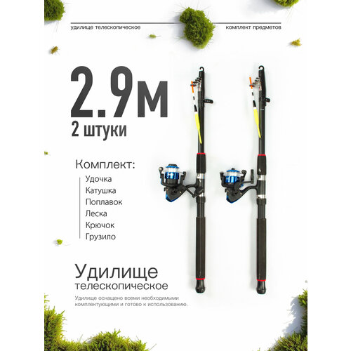 Удилище телескопическое в сборе (катушка + леска + поплавок + грузило) 2,9 метра, комплект 2 шт.
