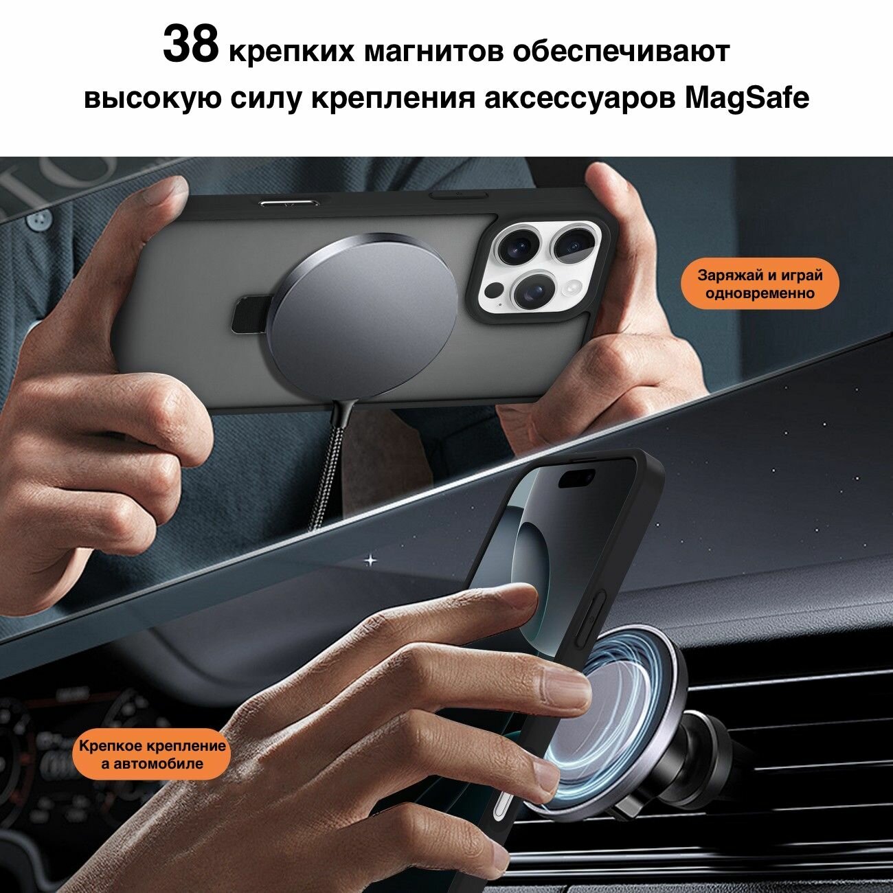 Чехол для iPhone 13 Pro Soft-Touch с кольцом-подставкой и поддержкой MagSafe матовый полупрозачный — фото 1