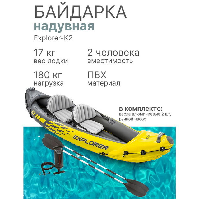 Надувная байдарка Explorer-К2 двухместная 312*91*51 см + насос и весла — фото 1