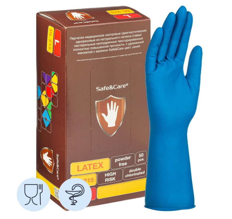 Картинки Перчатки латексные медицинские повышенной прочности Safe&Care (L) 50шт/25пар/уп DL 215