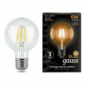 Лампа светодиод. (LED) декор. Шар Е27 филамент. 6Вт 630лм 2700К 230В прозр. Gauss